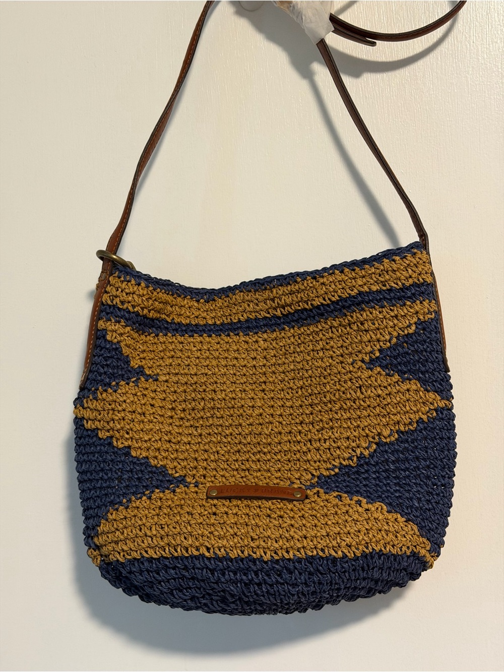 Lucky Brand Woven Navy and Mustard Shoulder Bag with Leather Strap
